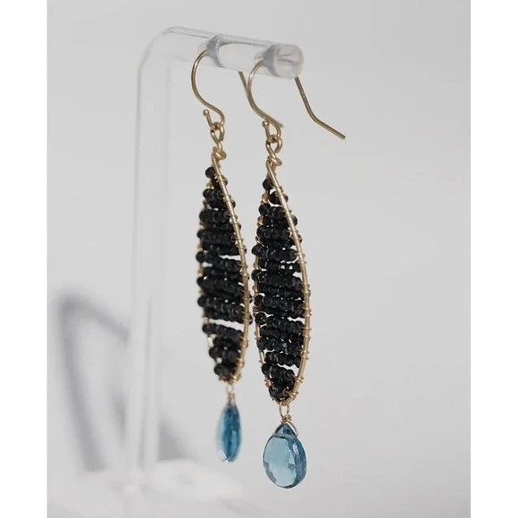Mabel Chong Designer 14k Solid Gold Black Spinel Blue Topaz Dangle Earrings - Picture 4 of 5
